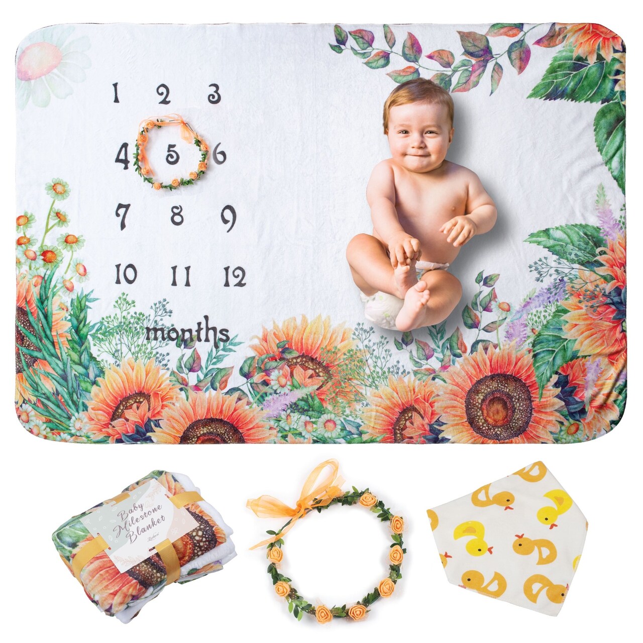 Zodaca Baby Monthly Milestone Blanket for Newborn Boy & Girl Unisex Photo Blanket with Bib & Wreath Gift, Sunflower 39"x59"